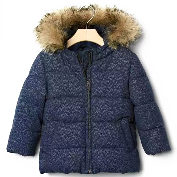 Baby Gap Warmest puffer coat Navy Metallic flannel NWT - Picture 1 of 4